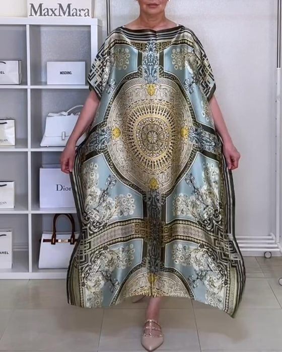 Boho-printet løs kjole med slids