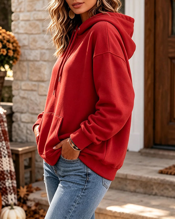 Hoodie Ensfarvet Casual Lomme