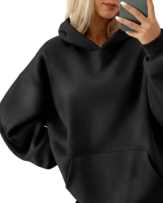 Hoodie Med Hætte Lomme Solid Løs