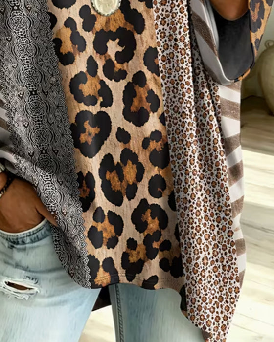 Top Leopardmønster Patchwork V-Hals Afslappet