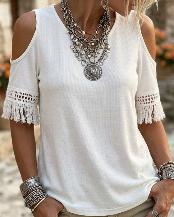 T-Shirt Off-Shoulder Frynser Kort Ærme