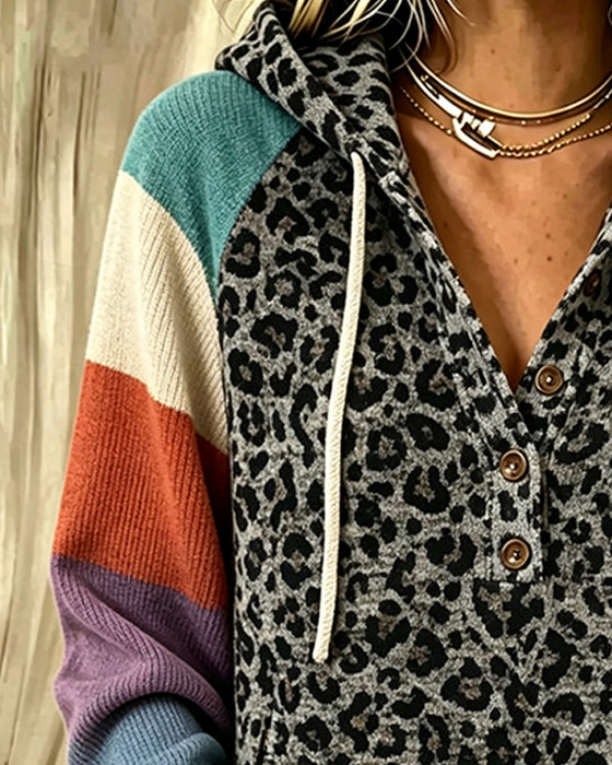 Hoodie Leopard Farveblok Knap