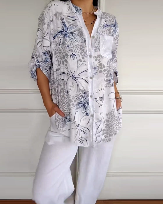 Skjorte Ståkrave Trykt Lomme