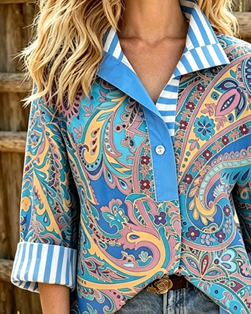 Bluse Patchwork Blomstrende Tryk Casual