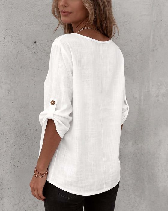 Bluse Ensfarvet Casual Knap
