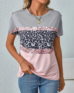 T-Shirt Rund Hals Leopardmønster Farveblok