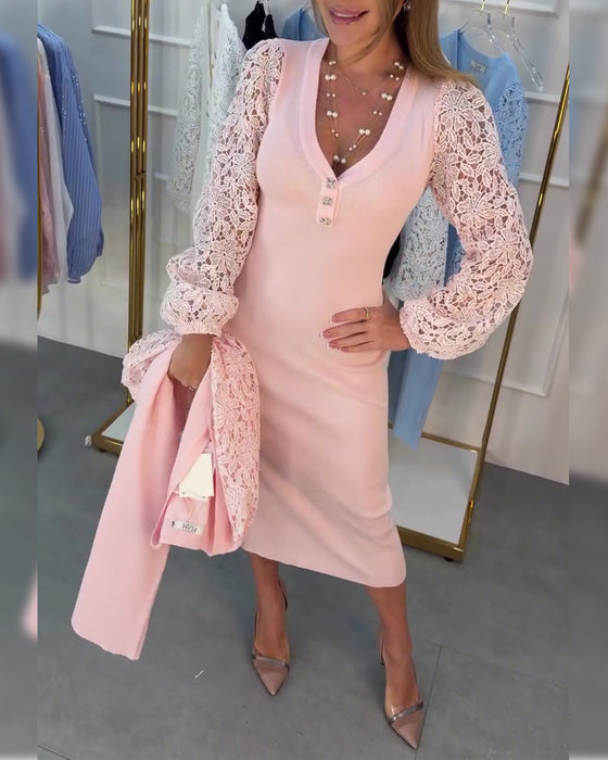 Kjole Blonder Ærme Patchwork