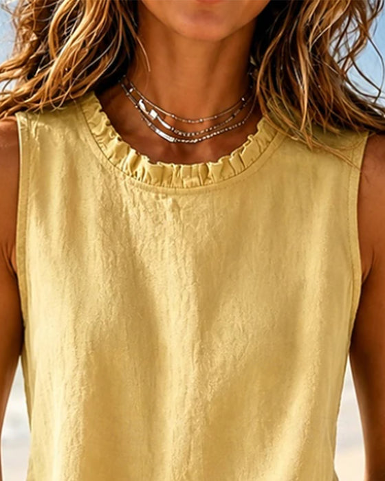Tanktop Ensfarvet Ærmeløs Rund Hals Lace