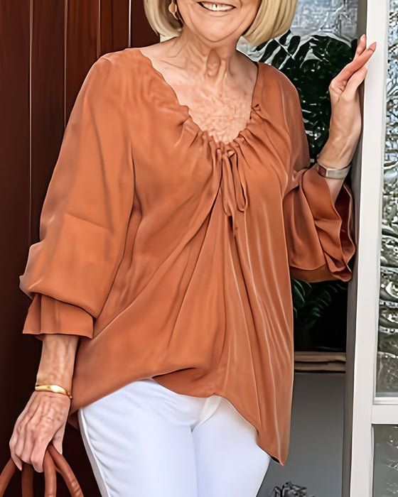 Bluse V-Hals Rynket Bindebånd Casual