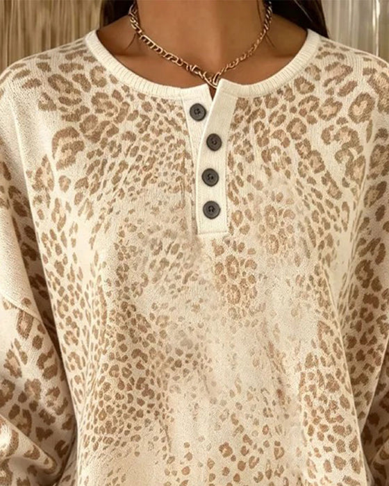 Sweatshirt Leopardsmønster Rund Hals Loose Fit