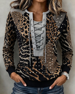Sweatshirt Bind Leopard Patchwork Figursyet