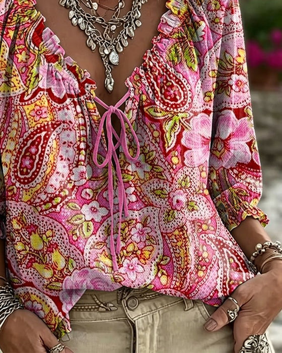 Bluse V-Hals Slips Tryk Boble Ærme