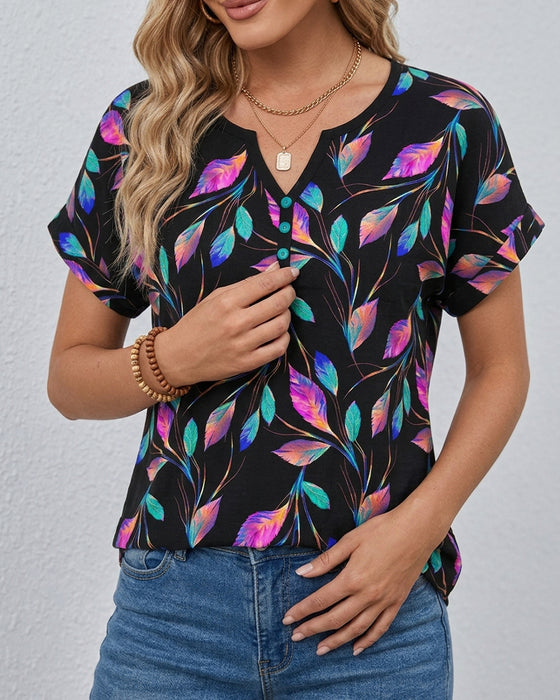 T-Shirt Trykt Rullet Manchet V-Hals