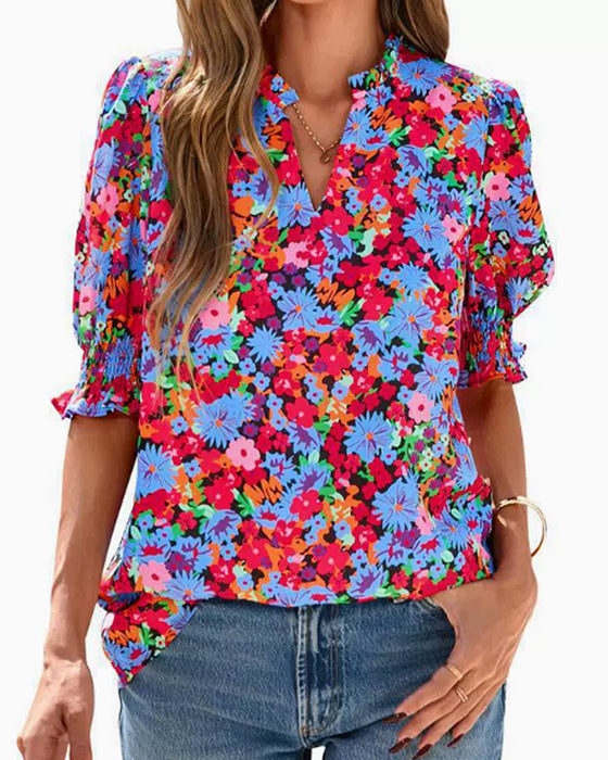 Bluse Blomstret Puf Kort Ærme