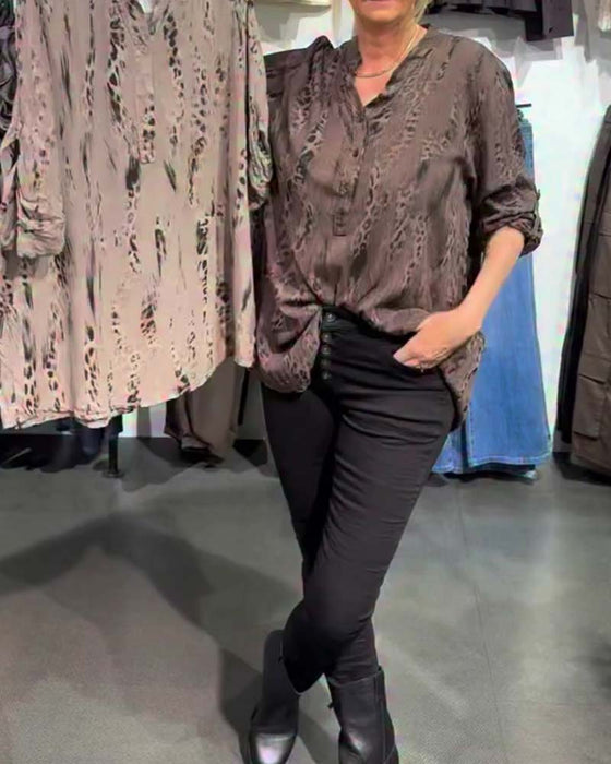 Bluse V-Hals Knap Foran Leopard Tryk Afslappet