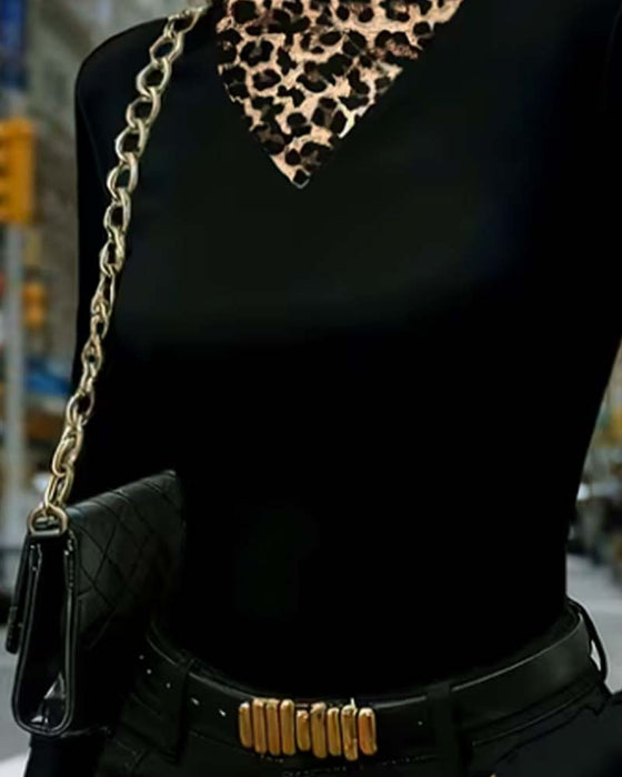 Top Mock Neck Leopard Patchwork Tætsiddende