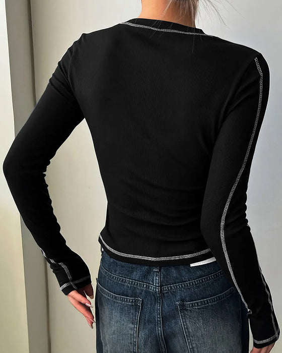 Top Stilfuld Rund Hals Slim Fit Lang Ærme
