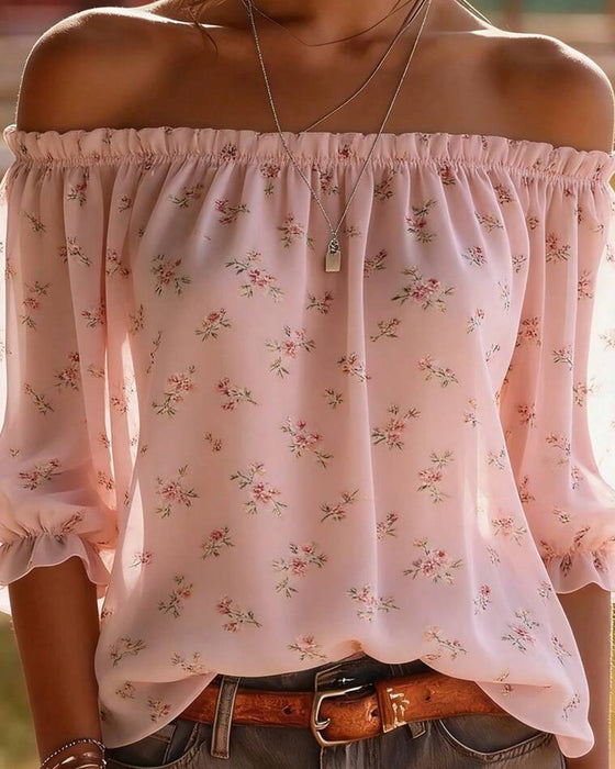 Bluse Off-Shoulder Blomstrende Tre Kvart Ærme