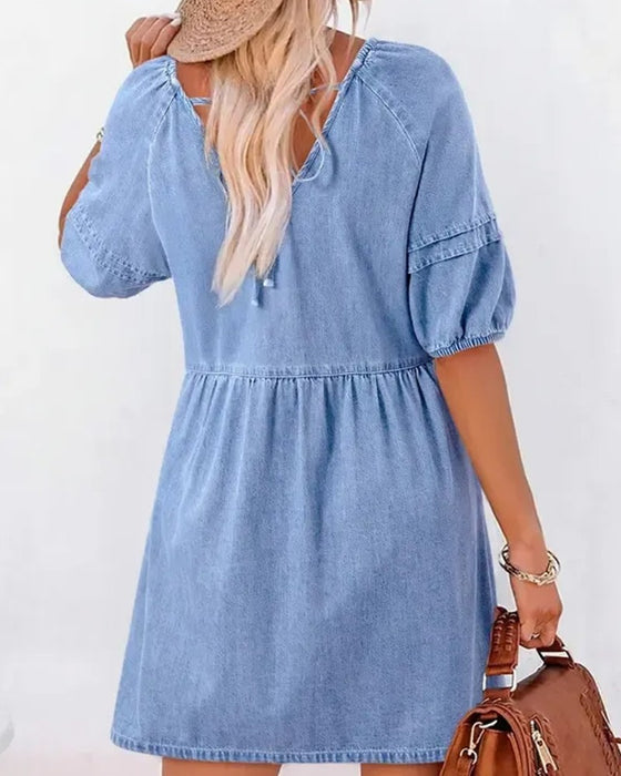 Kjoler Denim V-Hals Puff Ærme
