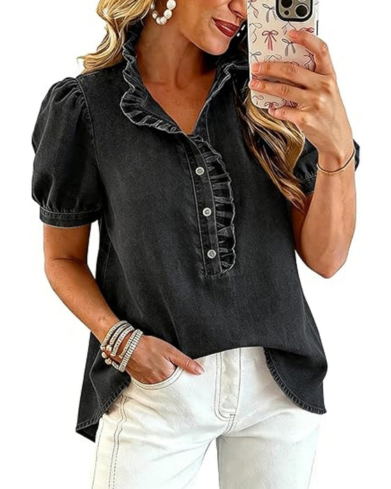 Bluse Knap Op Ruffle Denim