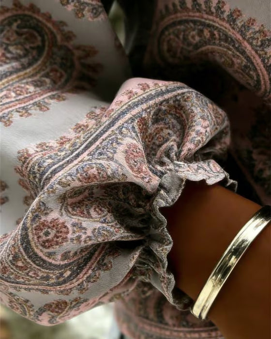 Bluse Paisley Mønster V-Hals Lanterne Ærme