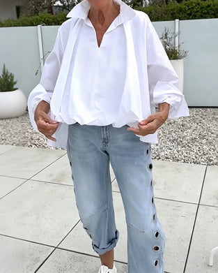 Oversized Bluse Med V-Udskæring Og Faldende Skuldre