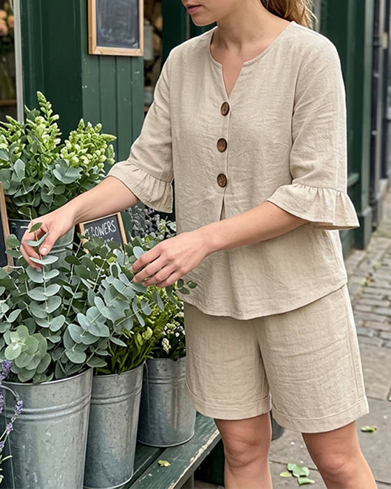 Set Ruffle Knap Kort Ærme Shorts