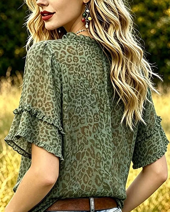 Bluse Grøntone Leopard Tryk Ruffle