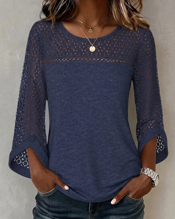 T-Shirt Hollow Out Lang Ærme Patchwork