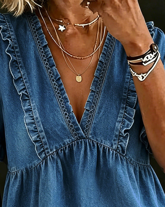 Bluse V-Hals Kort Ærme Ruffle Boble