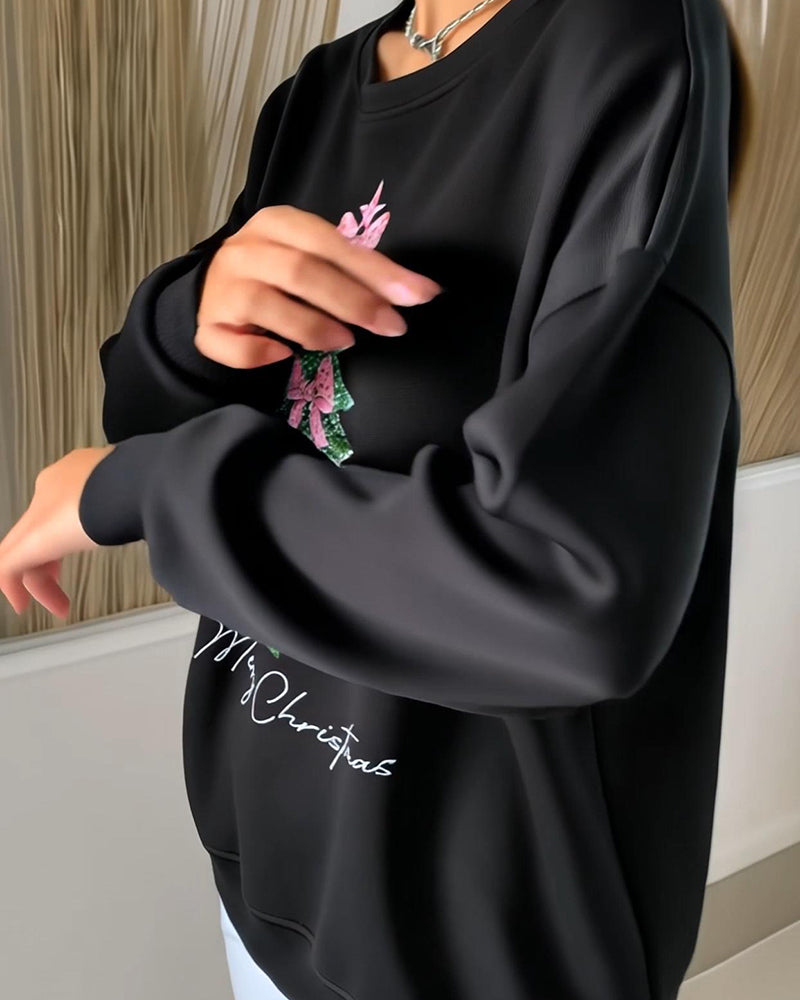 Crewneck Sweatshirt Med Juletryk Og Lange Ærmer