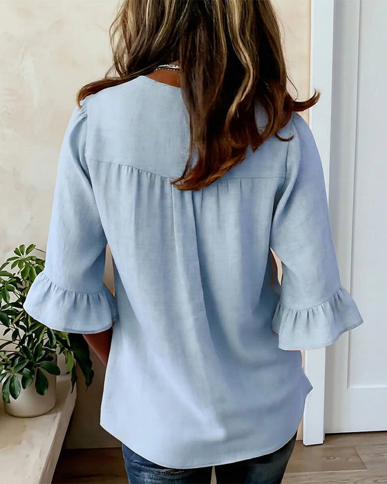 Bluser Ensfarvet Bomuld-Hør Træknapper Rynker