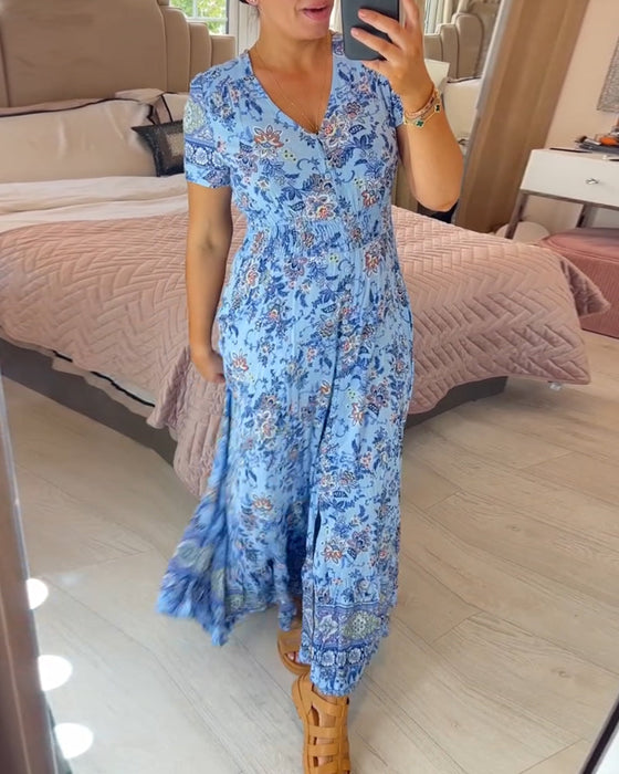 Blomsterkjole med V-halsudskæring