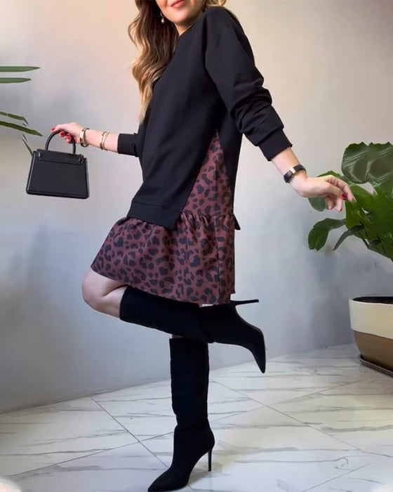 Patchwork sweaterkjole med leopardprint nederdel