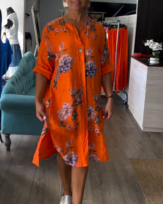 Orange kjole med knapper og print