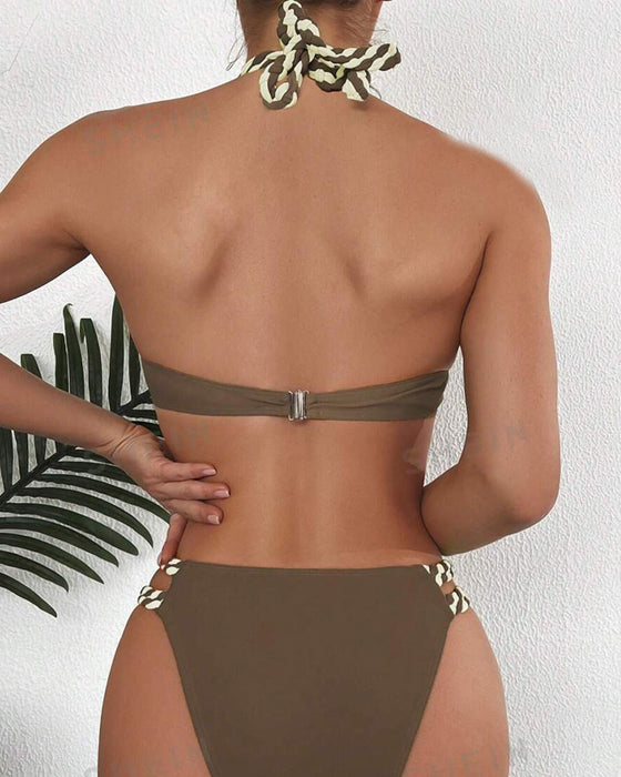 Halterneck bikini med brun-hvid farveblok