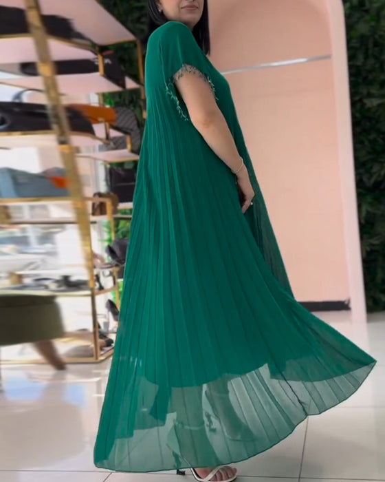 Plisseret kortærmet grøn kjole