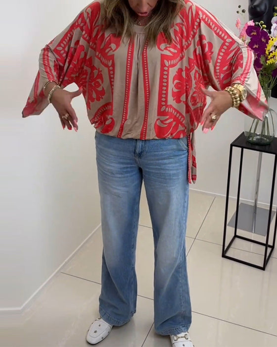 Rundhalset langærmet hverdagstop med print