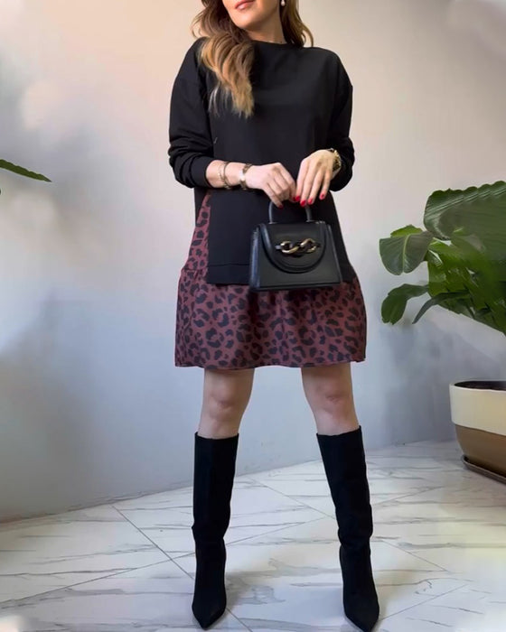 Patchwork sweaterkjole med leopardprint nederdel