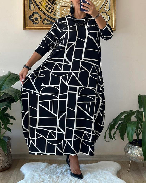 Geometrisk mønstret shiftkjole med rund hals