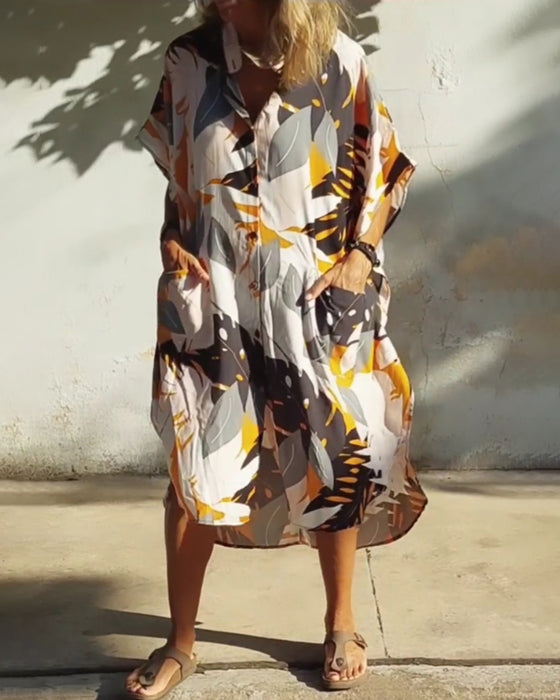 Kjole med lommer og bladprint