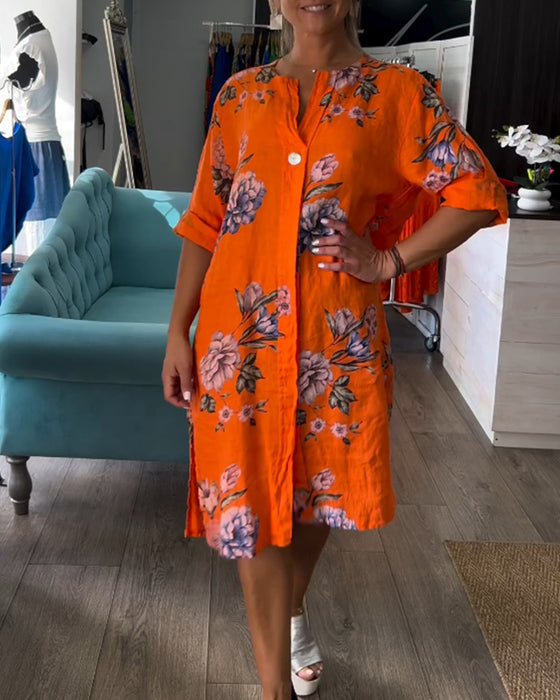 Orange kjole med knapper og print