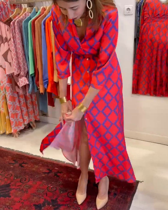 Skjortekjole med V-udskæring og 3/4 ærmer