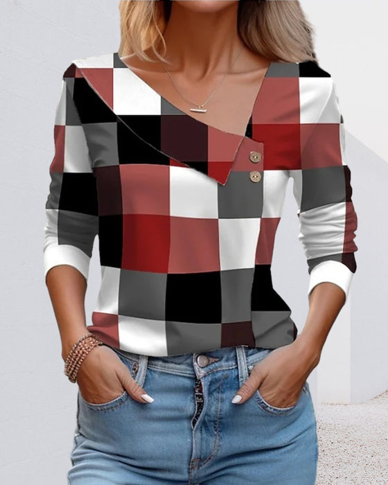V-hals plaid top med knapper