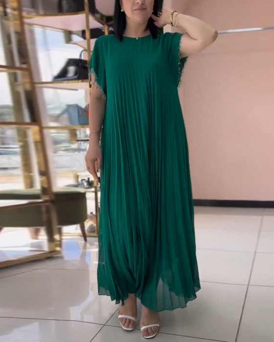 Plisseret kortærmet grøn kjole
