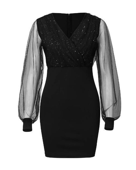 Kjole med gennemsigtige ærmer og V-halsudskæring