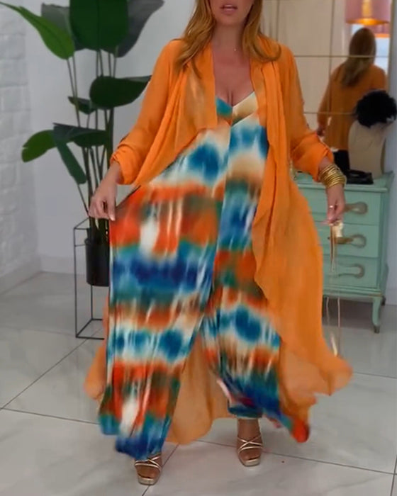 To-delt sæt | Farverigt jumpsuit og orange cardigan