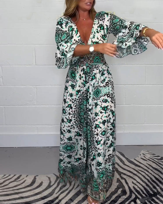 Jumpsuit med print og dyb V-udskæring