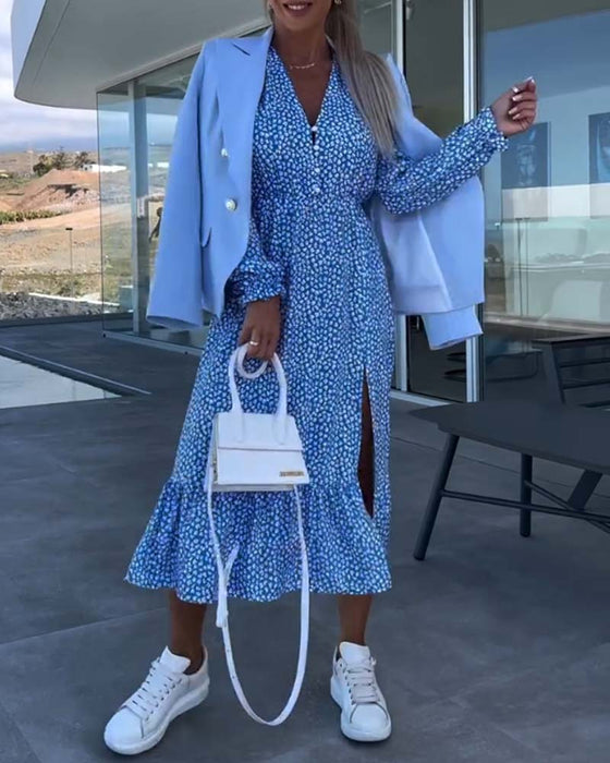 V-hals blomstret patchworkkjole