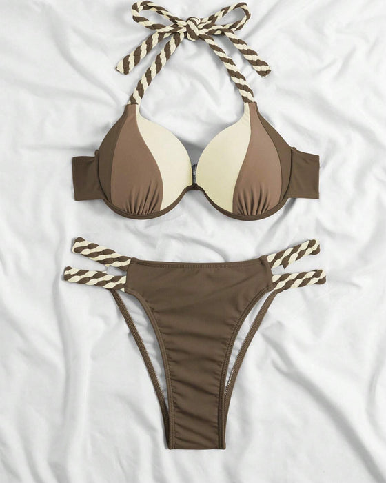 Halterneck bikini med brun-hvid farveblok